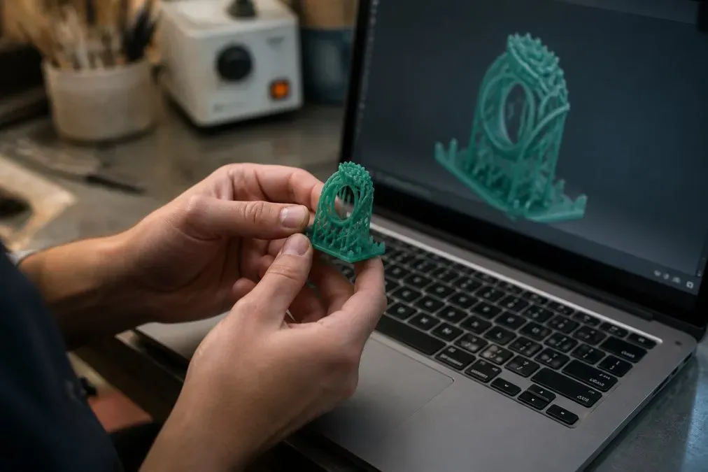 Close-up of a designer's hands rotating a 3D-printed resin jewelry prototype on a laptop screen showing modeling software, workshop lighting
