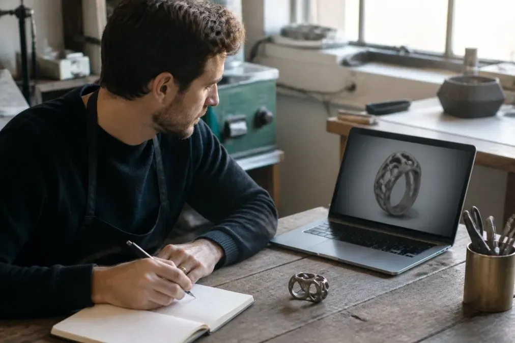 Designer en joaillerie comparant un modèle 3D et un prototype métal pour son cahier des charges 3D en atelier.