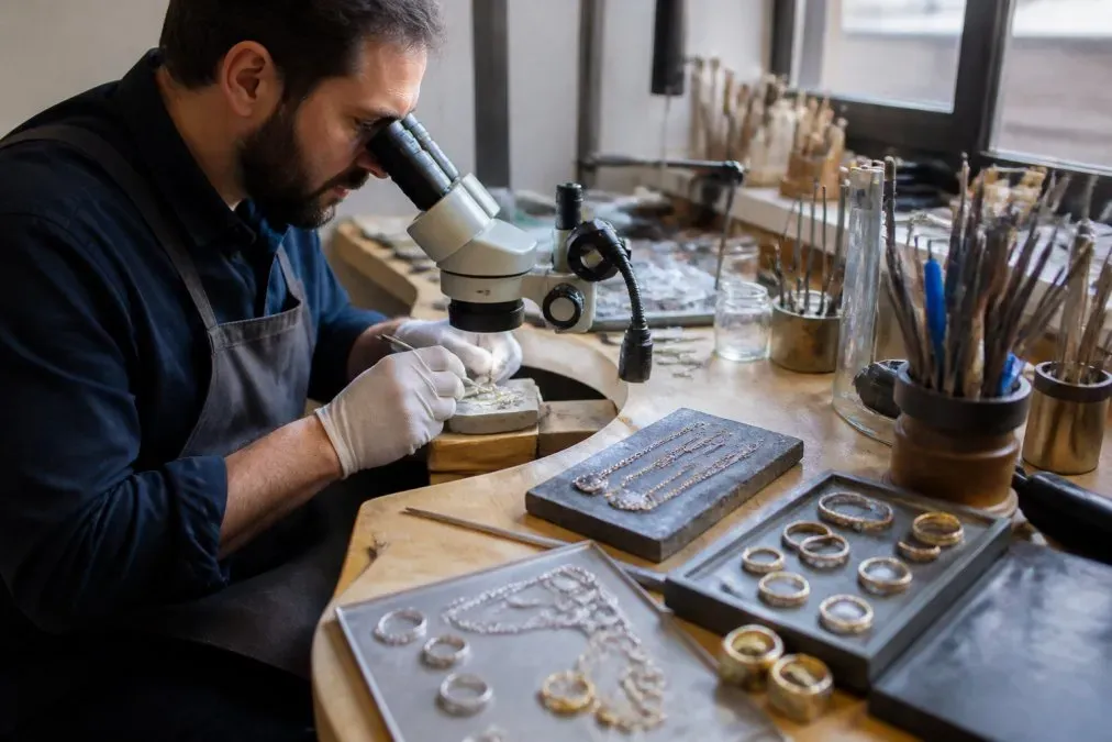 Artisan joaillier examinant attentivement des pièces de bijoux en or et argent à l'établi, mains gantées manipulant des outils de précision et loupes binoculaires, montrant le travail artisanal détaillé dans un atelier lumineux