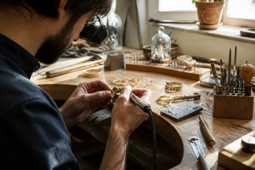 Artisan bijoutier travaillant à l'établi avec loupe de précision, mains manipulant des pièces en or et argent, outils de finition délicats, lumière naturelle éclaboussant le plan de travail en bois